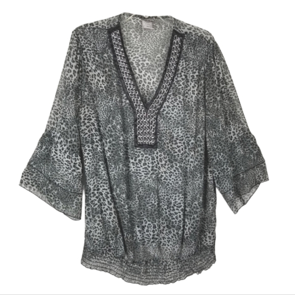 Evolution Embellished V Neck Sheer Animal Print Blouse Top Size 2X Black Gray - Picture 1 of 11